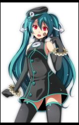 Rule 34 | 1girl, :o, absurdres, arm at side, bare shoulders, black border, black dress, black gloves, black thighhighs, border, breasts, buttons, cd, convenient censoring, cowboy shot, dress, elbow gloves, facial mark, gears, gloves, hair between eyes, hair ornament, hatsune miku, highres, long hair, looking at viewer, open mouth, project diva (series), red eyes, round teeth, sadistic music factory (vocaloid), simple background, sleeveless, sleeveless dress, small breasts, standing, tareme, teeth, thighhighs, tsukishiro saika, twintails, very long hair, vocaloid, white background, zettai ryouiki