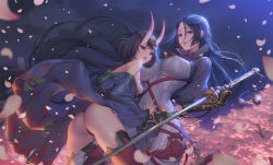 Rule 34 | 2girls, arm guards, ass, bare shoulders, black hair, blue eyes, bodysuit, breasts, cherry blossoms, covered erect nipples, fate/grand order, fate (series), fingernails, hair between eyes, highres, holding, holding sword, holding weapon, horns, huge breasts, japanese clothes, jewelry, katana, lips, long fingernails, long hair, looking at another, love cacao, medium breasts, minamoto no raikou (fate), multiple girls, off shoulder, parted lips, petals, purple eyes, scabbard, sheath, short hair, shuten douji (fate), sideboob, skin-covered horns, skin tight, sword, tree, very long hair, weapon, wind