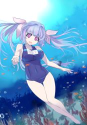 Rule 34 | 1girl, ajino (sakanahen), blue hair, blue one-piece swimsuit, breasts, coral, freediving, full body, hair ribbon, highres, i-19 (kancolle), kantai collection, large breasts, long hair, looking at viewer, name tag, one-piece swimsuit, red eyes, ribbon, school swimsuit, solo, swimsuit, thigh gap, tri tails, underwater