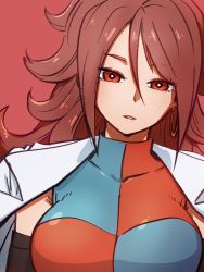 Rule 34 | 1girl, android 21, breasts, checkered clothes, checkered dress, dragon ball, dragon ball fighterz, dress, earrings, hair between eyes, hoop earrings, jewelry, kemachiku, lab coat, large breasts, long hair, looking at viewer, red background, red eyes, red hair, simple background, solo, upper body