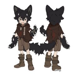 Rule 34 | 1boy, animal ears, animal hands, artist name, black hair, boots, brown eyes, brown footwear, brown shorts, character sheet, child, claws, commentary, deviidog0, english commentary, fangs, full body, hand up, highres, horns, looking at viewer, male focus, monster boy, multiple views, open mouth, original, short eyebrows, short hair, shorts, simple background, small horns, standing, tail, torn clothes, turnaround, twitter username, white background, white horns, wolf boy, wolf ears, wolf tail