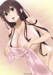 Rule 34 | 1girl, absurdres, artist name, breasts, brown eyes, brown hair, cleavage, collarbone, covering privates, gaston18, groin, highres, huge breasts, lips, long hair, looking up, multicolored background, naked towel, nanase meruchi, nude cover, original, pink background, raised eyebrows, signature, solo, towel, yellow background