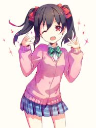 Rule 34 | 10s, 1girl, \m/, black hair, bow, bowtie, cardigan, cowboy shot, double \m/, h2so4, hair bow, hair ornament, looking at viewer, love live!, love live! school idol project, nico nico nii, one eye closed, open mouth, plaid, plaid skirt, red eyes, school uniform, skirt, smile, solo, sparkle, sparkling eyes, twintails, wink, yazawa nico