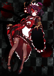 Rule 34 | 1girl, 9-san, antennae, apron, arthropod girl, arthropod limbs, black footwear, blood, blood splatter, brown kimono, brown pantyhose, checkered background, closed mouth, commentary request, different shadow, double bun, entoma vasilissa zeta, extra pupils, fangs, full body, glowing, glowing eyes, hair bun, highres, japanese clothes, kimono, light smile, looking at viewer, maid, maid headdress, mary janes, monster girl, ofuda, ofuda on clothes, overlord (maruyama), pantyhose, purple hair, red eyes, shaded face, shoes, short hair, skin fangs, sleeves past wrists, solo, white apron, wide sleeves