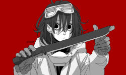 Rule 34 | 1girl, :/, bags under eyes, bandaid, bandaid on face, commentary, crazy eyes, earbuds, earphones, empty eyes, eyewear on head, gloves, greyscale with colored background, hair behind ear, hair between eyes, hands up, hazmat suit, highres, holding, holding weapon, hood, hood down, index finger raised, isle118, long sleeves, looking at viewer, machete, mask, mask around neck, medium hair, messy hair, original, red background, respirator, rubber gloves, safety glasses, solo, symbol-only commentary, upper body, weapon, wide-eyed