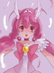 Rule 34 | 10s, 1girl, bow, choker, cure happy, eyelashes, feathers, head wings, hoshizora miyuki, long hair, magical girl, pink bow, pink eyes, pink hair, pink theme, precure, purple background, ribbon, smile, smile precure!, solo, twintails, venuscho, wings