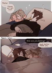 Rule 34 | 1boy, 1girl, before and after, blush, brown hair, commentary request, earrings, english text, closed eyes, head on pillow, jewelry, kawacy, long hair, long sleeves, lying, on back, original, shadow, sleeping, speech bubble, under covers, zzz