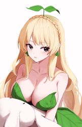 Rule 34 | 1girl, blonde hair, blush, braid, breasts, cleavage, clover earrings, collarbone, crown braid, expressionless, highres, hugging object, huhi (huhi 1211), large breasts, leaf, leaf bra, leaf on head, looking at viewer, original, simple background, solo, stuffed animal, stuffed rabbit, stuffed toy, upper body, white background