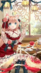 Rule 34 | 1girl, :q, absurdres, animal ears, apple peel, blue eyes, blue pantyhose, blue ribbon, braid, candy apple, cat ears, ceiling light, collarbone, commentary, corset, criss-cross halter, cup, day, dress, english commentary, flower, food, fork, frilled sleeves, frills, glint, hair flower, hair ornament, hair ribbon, halterneck, hands up, highres, holding, holding fork, holding knife, indoors, knife, light brown hair, lolita fashion, long hair, long sleeves, looking at viewer, nail polish, original, pantyhose, pastry, peeling, pink flower, pink rose, plate, red dress, red nails, red ribbon, ribbon, rose, saucer, sitting, solo, table, teacup, teapot, tongue, tongue out, twin braids, white ribbon, window, yumeichigo alice