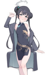 Rule 34 | 1girl, akadashi1210, black coat, black dress, black hair, blue archive, blue eyes, blush, breasts, butterfly hair ornament, china dress, chinese clothes, coat, commentary, double bun, dress, hair bun, hair ornament, highres, kisaki (blue archive), long hair, long sleeves, open clothes, open coat, parted lips, simple background, sleeveless, sleeveless dress, small breasts, solo, very long hair, white background