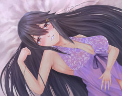 Rule 34 | 10s, 1girl, armpits, bare shoulders, bed, black hair, blush, commentary, hair ornament, hairclip, hand on own stomach, haruna (kancolle), irohakaede, jewelry, kantai collection, lingerie, long hair, looking at viewer, lying, negligee, on back, red eyes, ring, smile, solo, underwear, very long hair, wedding band