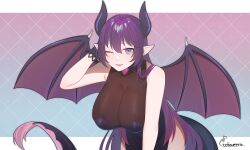 Rule 34 | 1girl, ;), arm up, artist name, bare shoulders, bent over, black horns, black tail, bodystocking, breasts, cleavage, closed mouth, commentary, commission, cowboy shot, demon girl, demon wings, dragon girl, dragon tail, english commentary, hair between eyes, highres, horns, indie virtual youtuber, large breasts, leotard, long hair, looking at viewer, one eye closed, pink tail, pointy ears, purple eyes, purple hair, purple leotard, purple wings, rin kumori, signature, skeb commission, skin tight, skindentation, smile, solo, standing, strapless, strapless leotard, tail, tebamaru, very long hair, virtual youtuber, wings