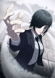 Rule 34 | arm up, black hair, black jacket, black necktie, black pants, blue eyes, breasts, chainsaw man, cigarette, collared shirt, commentary request, dutch angle, eyepatch, formal, grey background, hand focus, highres, himeno (chainsaw man), jacket, lapels, light particles, looking at viewer, making-of available, medium breasts, necktie, notched lapels, one eye covered, open hand, outdoors, pants, parted lips, pocket, reaching, reaching towards viewer, shirt, shirt tucked in, short hair, sky, sleeves past elbows, smoke trail, smoking, standing, suit, tile floor, tiles, upper body, white shirt, white sky, wing collar, yoyon b