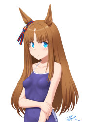 Rule 34 | 1girl, animal ears, artist logo, blue eyes, blue one-piece swimsuit, breasts, brown hair, covered navel, grass wonder (umamusume), highres, horse ears, horse girl, long hair, looking at viewer, one-piece swimsuit, simple background, small breasts, solo, swimsuit, t2r, tracen swimsuit, umamusume, upper body, white background