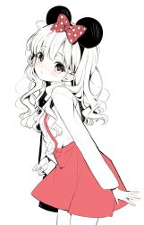 Rule 34 | 1girl, bag, blush, bow, commentary request, cowboy shot, hair bow, handbag, head tilt, kurokuma (kuro kumagaya), long hair, long sleeves, looking at viewer, looking to the side, mickey mouse ears, orrie-g, parted lips, partially colored, polka dot, polka dot bow, red bow, red skirt, shoulder bag, simple background, skirt, solo, suspender skirt, suspenders, white background