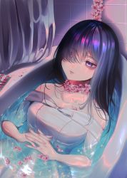 Rule 34 | 1girl, bathtub, black hair, blood, dress, flower, flower necklace, hair over one eye, highres, jewelry, lying, necklace, original, own hands clasped, own hands together, petals, petals on liquid, pill, purple eyes, sakidoro, shower curtain, solo, water, white dress