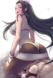 Rule 34 | 1boy, 1girl, abs, ass, bare arms, bare shoulders, black hair, black legwear, blush, breasts, bridal legwear, buttjob, buzz cut, choker, clash kuro neko, commentary, flower, forehead, from behind, gloves, hair flower, hair ornament, highres, large breasts, long hair, looking back, luong, muscular, muscular male, open mouth, pink choker, pink eyes, pointy nose, red lips, short hair, sideboob, sitting, sleeveless, snk, spread legs, stirrup legwear, sweat, the king of fighters, toeless legwear, topless male, very long hair, very short hair