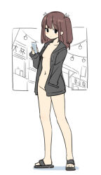 Rule 34 | 1girl, black footwear, black jacket, blush, breasts, brown hair, cellphone, drawstring, full body, groin, hair ribbon, hatsunatsu, holding, holding phone, hood, hood down, hooded jacket, jacket, long hair, long sleeves, looking at viewer, naked jacket, navel, open clothes, open jacket, original, phone, puffy long sleeves, puffy sleeves, ribbon, sandals, sleeves past wrists, small breasts, solo, standing, two side up, white ribbon