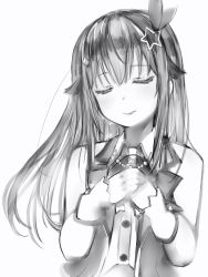Rule 34 | 1girl, bad id, bad twitter id, bare shoulders, bow, closed eyes, facing viewer, greyscale, hair bow, hair flaps, hair ornament, hands up, head tilt, highres, hololive, long hair, monochrome, nanashi (nlo), own hands together, simple background, smile, solo, star (symbol), star hair ornament, tokino sora, tokino sora (1st costume), upper body, vest, virtual youtuber, white background