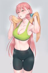 Rule 34 | 1girl, akashi (kancolle), alternate costume, bike shorts, blunt tresses, blush, breasts, breath, cleavage, collarbone, commentary request, crop top, exercising, gradient background, green eyes, hair ribbon, heavy breathing, highres, kantai collection, large breasts, long hair, looking at viewer, midriff, navel, open mouth, pants, pink hair, ribbon, simple background, solo, sports bra, sportswear, steam, sweat, towel, towel around neck, tress ribbon, yoga pants, yuuji (and)