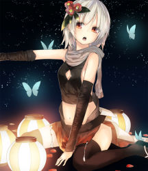 Rule 34 | 1girl, arm warmers, bare shoulders, black thighhighs, breasts, brown eyes, bug, butterfly, cleavage, cleavage cutout, clothing cutout, elbow pads, eyes visible through hair, flower, flower on head, hair flower, hair ornament, insect, la-na, lampion, looking at viewer, navel, night, open mouth, original, scarf, short hair, silver hair, sitting, sky, sleeveless, small breasts, solo, star (sky), starry sky, thighhighs, wariza, zettai ryouiki