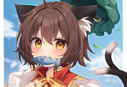 Rule 34 | 1girl, :3, ahoge, animal ear fluff, animal ear piercing, animal ears, blurry, blurry background, blush, border, brown eyes, brown hair, cat ears, cat tail, chen, commentary request, cropped, depth of field, earrings, fang, fish, food in mouth, gold trim, green hat, hair between eyes, hand up, hat, hat flying off, highres, jewelry, miy@, mob cap, mouth hold, multiple tails, nekomata, puffy sleeves, single earring, solo, tail, touhou, two tails, white border