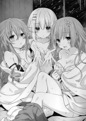 Rule 34 | 10s, 3girls, :d, black bra, blush, bra, braid, breasts, cleavage, collarbone, date a live, drill hair, greyscale, hair ornament, indoors, izayoi miku, long hair, looking at viewer, medium breasts, monochrome, multiple girls, navel, novel illustration, off shoulder, official art, open mouth, parted lips, short hair, sitting, small breasts, smile, sweatdrop, take your pick, tobiichi origami, topless, tsunako, underwear, wet, white bra, window, yamai yuzuru