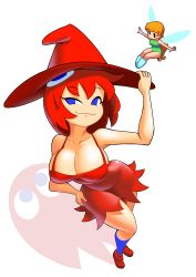 Rule 34 | 2girls, absurdres, bare arms, bare shoulders, blinky, blinky (pac-man), blue eyes, blue socks, breasts, brown hair, character request, cleavage, collarbone, curvy, dress, fairy, fairy wings, green leotard, hand on own hip, hat, highres, large breasts, leotard, loafers, long hair, minuspal, multiple girls, namco, no bra, pac-man (game), personification, red dress, red footwear, red hair, red headwear, shoes, short dress, short hair, sleeveless, sleeveless dress, socks, white background, wings, witch hat