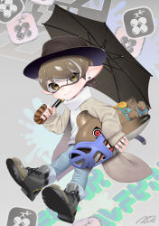 1boy blue_pants boots brown_coat brown_eyes brown_hair brown_hat carrying carrying_under_arm closed_mouth coat commentary earrings full_body green_boots hat highres holding holding_umbrella inflatable_shark inflatable_toy inkling inkling_boy inkling_player_character jewelry long_sleeves looking_at_viewer male_focus nintendo open_clothes open_coat pants pointy_ears puchiman reefslider_(splatoon) sample_watermark short_hair signature smile solo splatoon_(series) splatoon_3 sweater symbol-only_commentary tentacle_hair turtleneck turtleneck_sweater umbrella watermark white_sweater