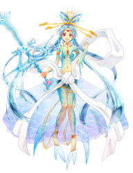 Rule 34 | 1girl, anklet, armlet, barefoot, blue hair, center opening, choker, djinn equip, earrings, forehead jewel, full body, hair ornament, hair rings, hair stick, happy, head tilt, highres, jewelry, long hair, looking at viewer, lots of jewelry, magi the labyrinth of magic, navel, red eyes, ren kougyoku, simple background, smile, solo, thigh gap, weapon, white background