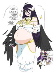 Rule 34 | ..., 1girl, ainz ooal gown, albedo (overlord), black feathers, black hair, black wings, blush, breasts, cleavage, dakimakura (object), demon girl, demon horns, dreaming, english text, feathered wings, feathers, food, green eyes, highres, hip vent, horns, ice cream, large breasts, lich, long hair, navel, noodlemage, outie navel, overlord (maruyama), pillow, pregnant, skeleton, sweat, tagme, undead, very long hair, wings