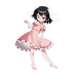 Rule 34 | 1girl, :3, absurdres, animal ears, black hair, carrot necklace, dress, faky4855, full body, highres, inaba tewi, jewelry, necklace, pink dress, pink eyes, rabbit ears, rabbit girl, short hair, simple background, solo, standing, touhou, white background