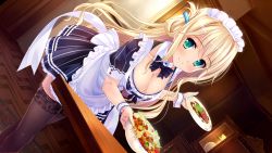 Rule 34 | 1girl, bent over, black thighhighs, blonde hair, blush, bow, bowtie, breasts, carrying, cleavage, detached collar, dutch angle, food, game cg, green eyes, hair ornament, highres, large breasts, long hair, maid headdress, natsu no iro no nostalgia, plate, shinjouji ayane, smile, solo, table, thighhighs, waitress, yamakaze ran