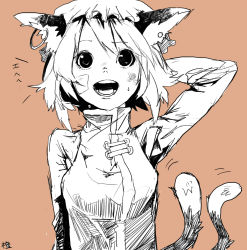 Rule 34 | 1girl, animal ears, arm behind head, bad id, bad pixiv id, cat ears, cat girl, cat tail, chen, earrings, female focus, hat, highres, jewelry, monochrome, multiple tails, short hair, siroiyuki, sketch, solo, tail, touhou, upper body
