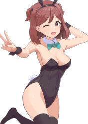 Rule 34 | 1girl, animal ears, aoba misaki, black leotard, black thighhighs, blush, bow, breasts, brown hair, cleavage, detached collar, ebifu, green ribbon, highres, idolmaster, idolmaster million live!, idolmaster million live! theater days, leotard, medium breasts, one eye closed, open mouth, playboy bunny, rabbit ears, rabbit tail, reaching, reaching towards viewer, ribbon, short hair, smile, solo, standing, standing on one leg, tail, thighhighs, two side up, v, wrist cuffs