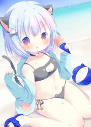 Rule 34 | 1girl, animal ears, animal hood, ball, bare shoulders, beach, beachball, bell, bikini, black bikini, blue choker, blue footwear, blue hair, blue sky, blurry, blurry background, blush, breasts, cat cutout, cat ears, cat girl, cat hood, cat tail, choker, cleavage cutout, closed mouth, clothing cutout, collarbone, commentary request, day, depth of field, dutch angle, fake animal ears, flip-flops, food, green jacket, hair between eyes, hand up, holding, holding food, hood, hood down, hooded jacket, horizon, ice cream, ice cream cone, jacket, jingle bell, long sleeves, meme attire, neck bell, ocean, off shoulder, open clothes, open jacket, original, outdoors, red eyes, rin (fuwarin), sandals, side-tie bikini bottom, sitting, sky, sleeves past wrists, small breasts, solo, swimsuit, tail, tongue, tongue out, wariza, water
