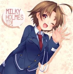 Rule 34 | 1girl, ahoge, blue jacket, blue skirt, blue sleeves, brown eyes, brown hair, buttons, coattails, collared jacket, collared shirt, commentary, cowboy shot, english text, eyelashes, fingernails, floral background, futari wa milky holmes, hand up, jacket, layered sleeves, light blush, long sleeves, looking at viewer, necktie, open mouth, outline, palms, parted bangs, pocket, red necktie, shadow, shirt, short hair, simple background, skirt, smile, solo, speech bubble, tantei opera milky holmes td, totsugawa keiko, uniform, usamata, waving, white outline, white shirt, yellow background
