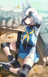 Rule 34 | 1girl, absurdres, animal ears, black footwear, black gloves, blue archive, blue eyes, blue skirt, blush, boots, closed mouth, cross-laced footwear, fake animal ears, full body, gloves, halo, helmet, highres, holding, holding weapon, knee pads, lace-up boots, long sleeves, neckerchief, outdoors, pro-p, sailor collar, saki (blue archive), school uniform, short hair, sitting, skirt, solo, sunlight, thighs, weapon, white helmet, yellow neckerchief