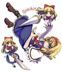 Rule 34 | 3girls, alice margatroid, aqua eyes, blonde hair, blue dress, bow, bowtie, brown footwear, capelet, closed mouth, cross-laced footwear, dress, full body, hair bow, hairband, highres, holding, holding sword, holding weapon, lolita hairband, long hair, looking at viewer, multiple girls, one-hour drawing challenge, red bow, red bowtie, red hairband, renshirenji, shanghai doll, short hair, simple background, sword, touhou, twitter username, weapon, white background, white capelet