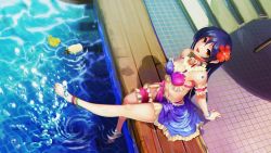 Rule 34 | 10s, 1girl, anklet, arm support, barefoot, bikini, blue hair, breasts, cleavage, feet, highres, jewelry, leg up, long hair, love live!, love live! school idol festival, love live! school idol project, medium breasts, minami kotori (bird), navel, pool, rubber duck, sarong, sitting, smile, soaking feet, solo, sonoda umi, swimsuit, ushas, water, yellow eyes