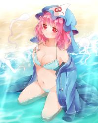Rule 34 | 1girl, :o, alternate costume, armpits, beach, bikini, blue bikini, blush, breasts, cleavage, collarbone, fukurahagi uomaru, full body, hat, hitodama, jacket, jacket off shoulders, looking at viewer, medium breasts, mob cap, navel, off shoulder, open clothes, open jacket, outdoors, partially submerged, pink eyes, pink hair, pulling own clothes, red eyes, saigyouji yuyuko, seiza, short hair, sitting, solo, stomach, strap pull, sunlight, swimsuit, touhou, triangular headpiece, water, wet