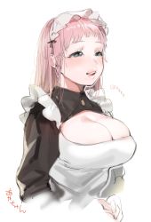 Rule 34 | 1girl, bad id, bad twitter id, blush, borrowed character, breasts, cleavage, cleavage cutout, clothing cutout, grey eyes, highres, inactive account, large breasts, long hair, long sleeves, maid, maid headdress, mole, mole on breast, ohisashiburi, own hands together, parted lips, pink hair, simple background, sketch, smile, solo, upper body, white background