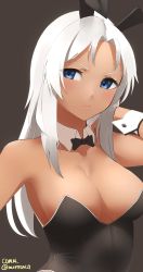 Rule 34 | 1girl, absurdres, animal ears, armpits, bare shoulders, black background, black bow, black bowtie, blue eyes, blush, bow, bowtie, breasts, cleavage, dark-skinned female, dark skin, detached collar, elma (xenoblade x), fake animal ears, from side, hair ornament, highres, leotard, long hair, looking at viewer, medium breasts, nintendo, playboy bunny, rabbit ears, rabbit tail, scowl, simple background, skeptycally, solo, tail, upper body, v-shaped eyebrows, white hair, xenoblade chronicles (series), xenoblade chronicles x