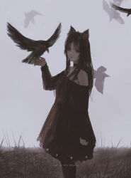 Rule 34 | 1girl, animal, aoi ogata, artist name, bare shoulders, bird, black choker, black dress, black hair, black pantyhose, bright pupils, choker, clip studio paint (medium), commentary, crow, dress, english commentary, hand up, highres, long hair, long sleeves, looking at viewer, off-shoulder dress, off shoulder, original, outdoors, pantyhose, red eyes, solo, standing