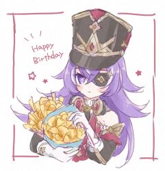 Rule 34 | 1girl, bare shoulders, black hat, chevreuse (genshin impact), commentary request, detached sleeves, earmuffs, earmuffs around neck, eyepatch, food, french fries, genshin impact, gloves, hair between eyes, happy birthday, hat, highres, holding, holding food, multicolored hair, pigumon, purple eyes, purple hair, shako cap, solo, streaked hair, upper body, white gloves, white hair