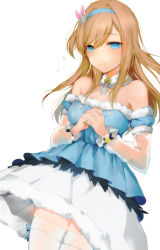 Rule 34 | 1girl, absurdres, adapted costume, bare shoulders, blonde hair, blue eyes, breasts, collar, fur trim, girls&#039; frontline, hair ornament, hairband, highres, long hair, looking at viewer, medium breasts, official alternate costume, own hands together, peanutc, simple background, smile, snowflake hair ornament, solo, suomi (girls&#039; frontline), suomi (korvatunturi pixie) (girls&#039; frontline), thighhighs, white background, white thighhighs, zettai ryouiki