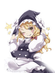 Rule 34 | 1girl, ;), blush, bow, grin, hair bow, hat, hat bow, hat tug, holding, holding hat, kirisame marisa, long hair, mayuge inu, one eye closed, smile, solo, star (symbol), touhou, wink, witch hat, yellow eyes