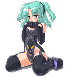 Rule 34 | 10s, 1girl, aqua hair, bad id, bad pixiv id, black thighhighs, blush, breasts, busou shinki, dd (ijigendd), doll joints, elbow gloves, female focus, full body, gloves, hairband, joints, long hair, looking at viewer, purple eyes, raptias, simple background, sitting, smile, solo, thighhighs, twintails, wariza, white background
