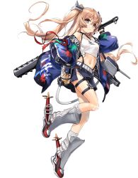 Rule 34 | 1girl, anchor, beans, black gloves, blue jacket, breasts, brown eyes, club, club (weapon), fake horns, full body, gloves, horns, jacket, johnston (kancolle), kanabou, kantai collection, leg belt, light brown hair, medium breasts, midriff, multicolored clothes, multicolored jacket, navel, official art, oni horns, setsubun, single glove, spiked club, stomach, trigram, two side up, weapon, zeco