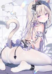 Rule 34 | 1girl, ame usari, animal ear fluff, animal ears, ass, black bow, blush, bow, breasts, cat ears, cat girl, cat tail, chain, commentary request, ear bow, ear piercing, flower, from behind, highres, leaning forward, light brown hair, long hair, looking at viewer, looking back, medium breasts, no shoes, original, panties, panties under pantyhose, pantyhose, parted lips, piercing, purple eyes, rose, soles, solo, tail, underwear, very long hair, white flower, white panties, white pantyhose, white rose